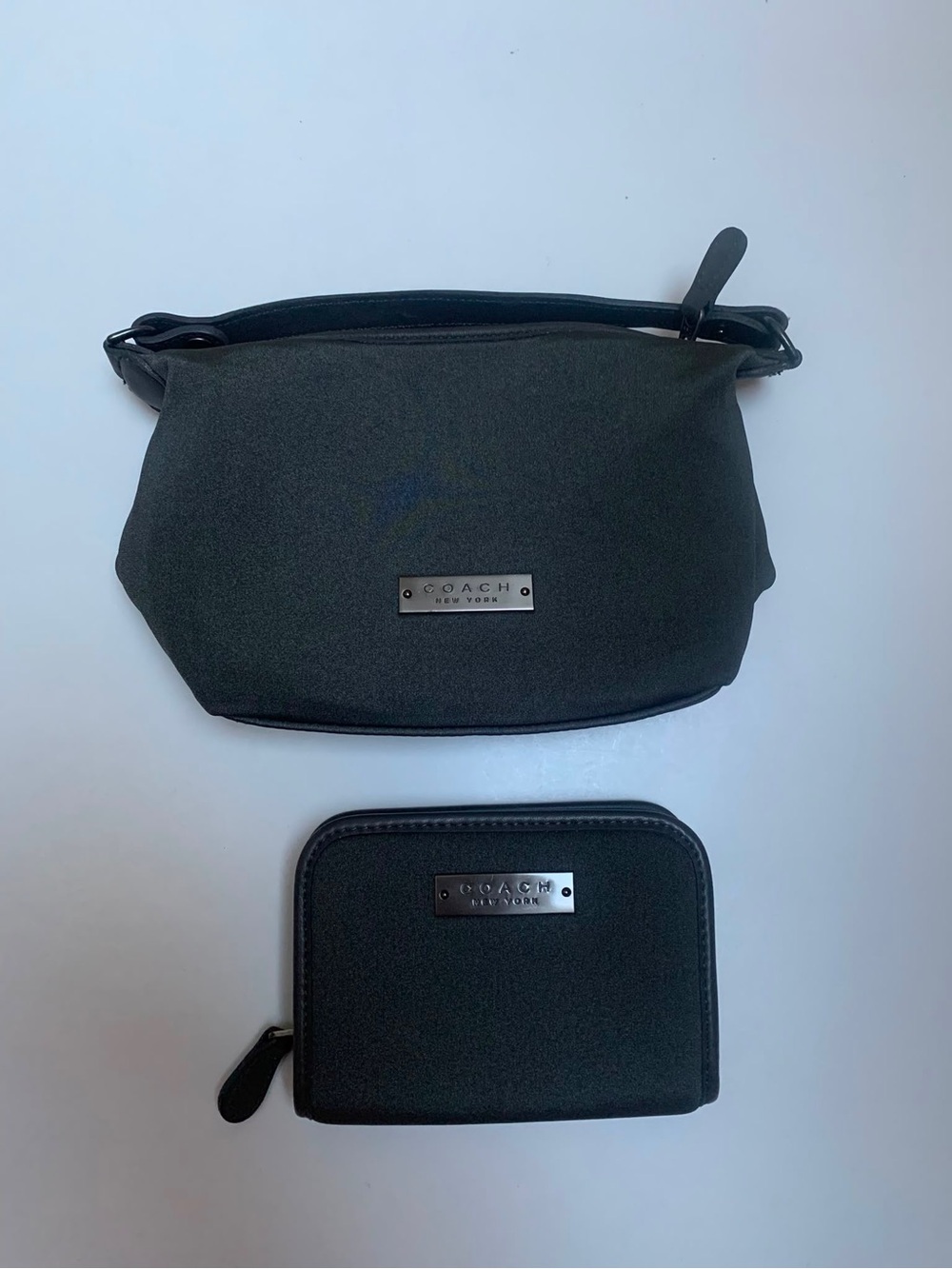 BNWOT 90’s Coach Grey Neoprene and Leather trim mini bag and matching wallet